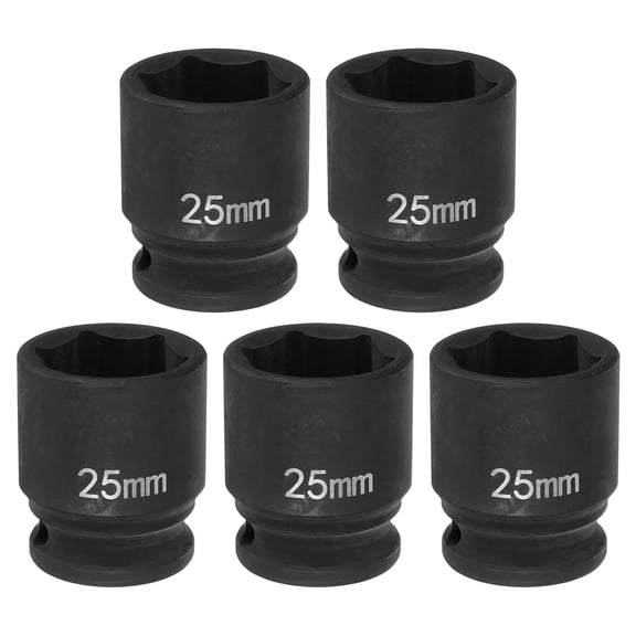 Uxcell 5pcs 6 Point Impact Socket 25mm Metric Socket 1/2" Square Drive 1.65" (42mm) Long Phosphated Cr-Mo Steel Spindle Axle Hex Nut Sockets, Black