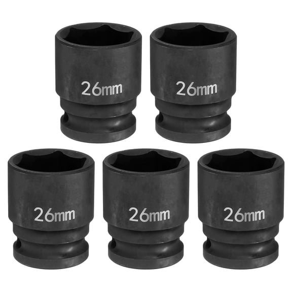 Uxcell 5pcs 6 Point Impact Socket 26mm Metric Socket 1/2" Square Drive 1.65" (42mm) Long Phosphated Cr-Mo Steel Spindle Axle Hex Nut Sockets, Black