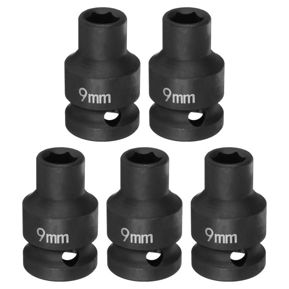 Uxcell 5pcs 6 Point Impact Socket 9mm Metric Socket 1/2" Square Drive 1.5" (38mm) Long Phosphated Cr-Mo Steel Spindle Axle Hex Nut Sockets, Black