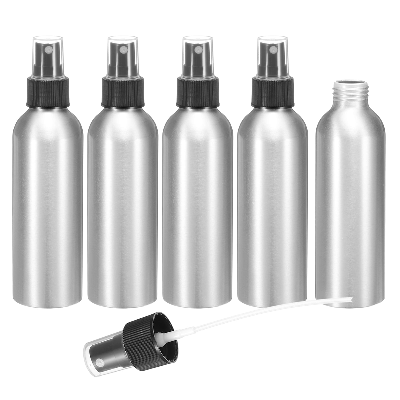 Uxcell 5pcs Aluminum Fine Mist Spray Bottles 150ml/5oz Metal Small Liquid Alcohol Refillable Travel Container with Black Plastic Nozzle Cap for Perfume Skincare Cosmetic Storage Bottle