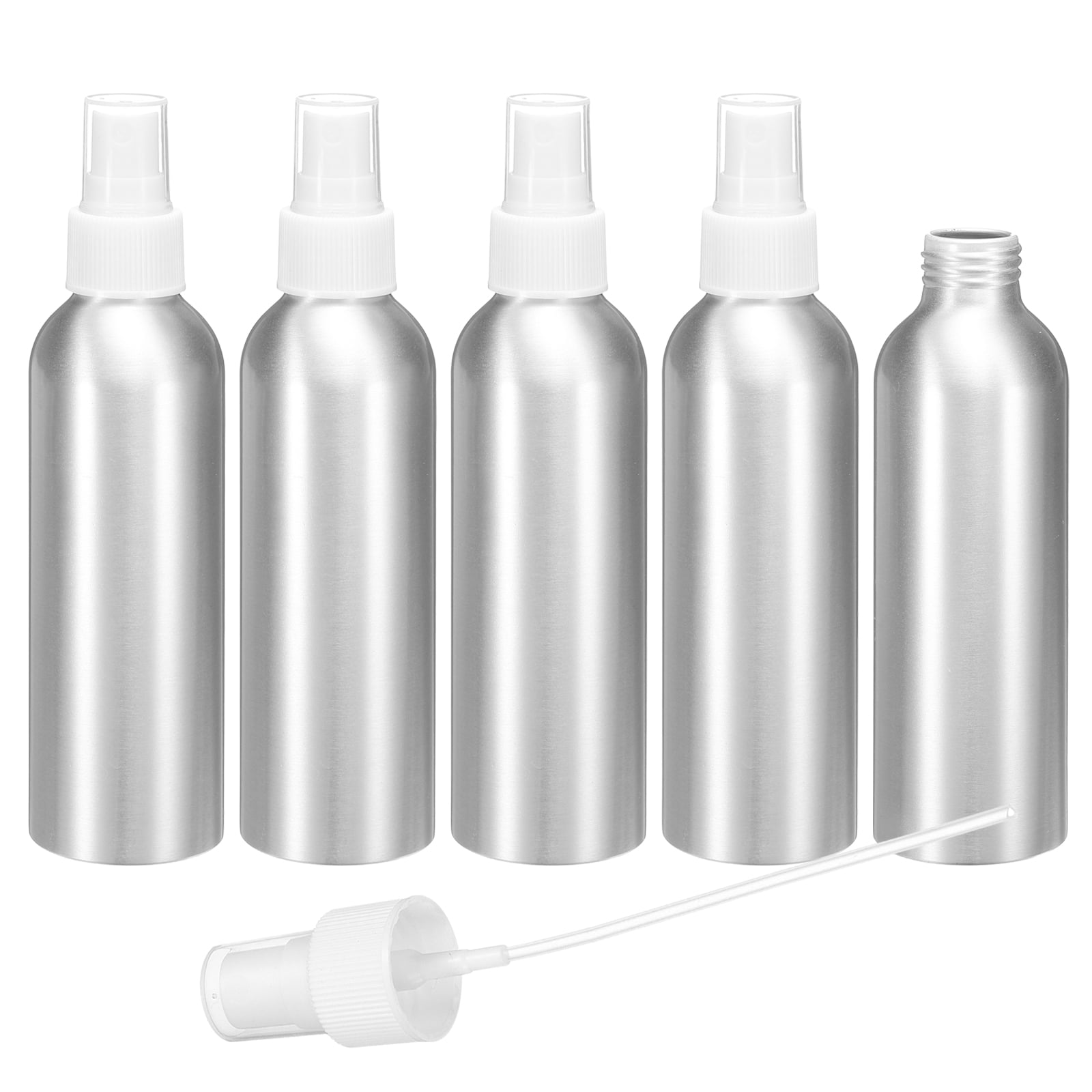 Uxcell 5pcs Aluminum Fine Mist Spray Bottles 150ml/5oz Metal Small Liquid Alcohol Refillable Travel Container with White Plastic Nozzle Cap for Perfume Skincare Cosmetic Storage Bottle