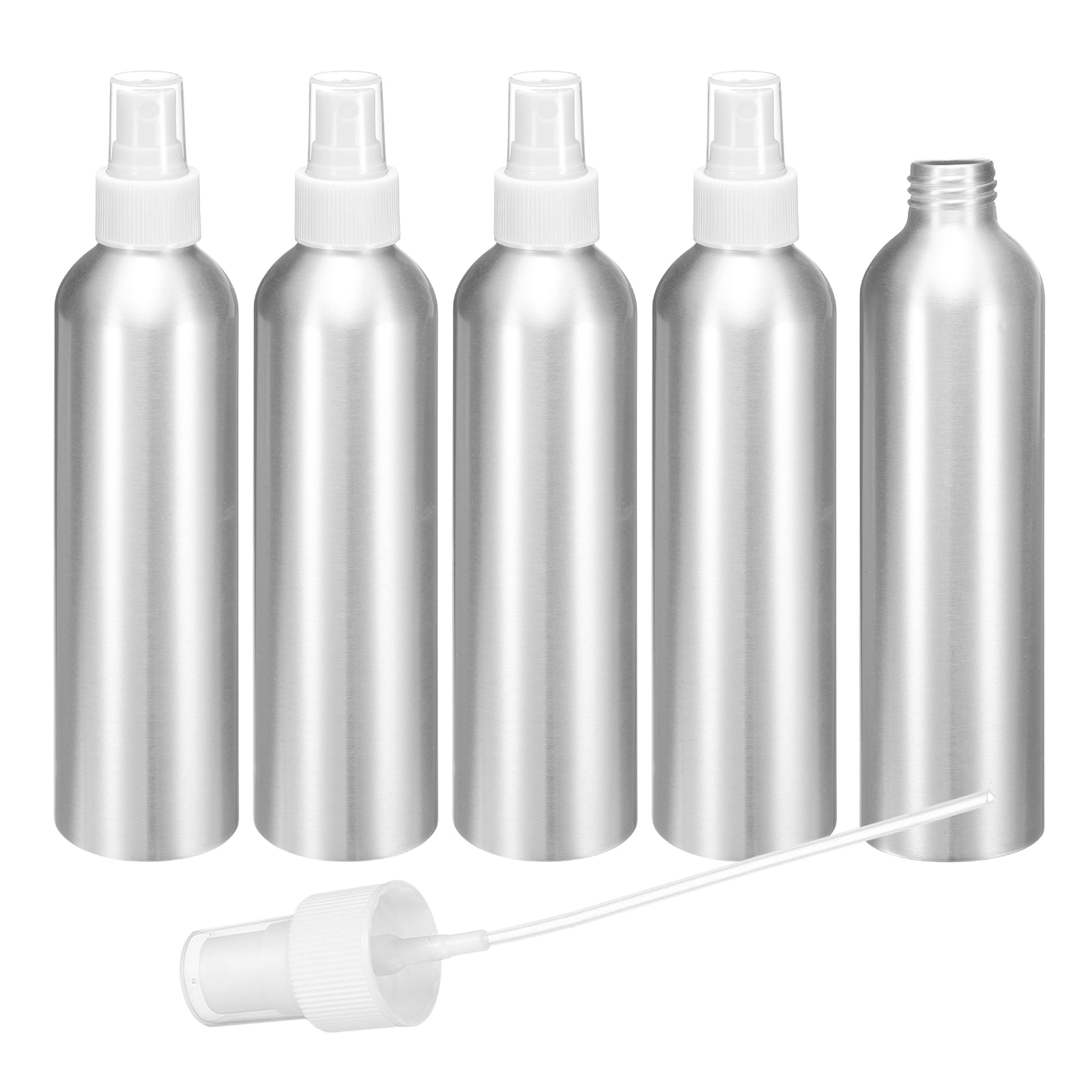 Uxcell 5pcs Aluminum Fine Mist Spray Bottles 250ml/8.5oz Metal Small Liquid Alcohol Refillable Travel Container with White Plastic Nozzle Cap for Perfume Skincare Cosmetic Storage Bottle