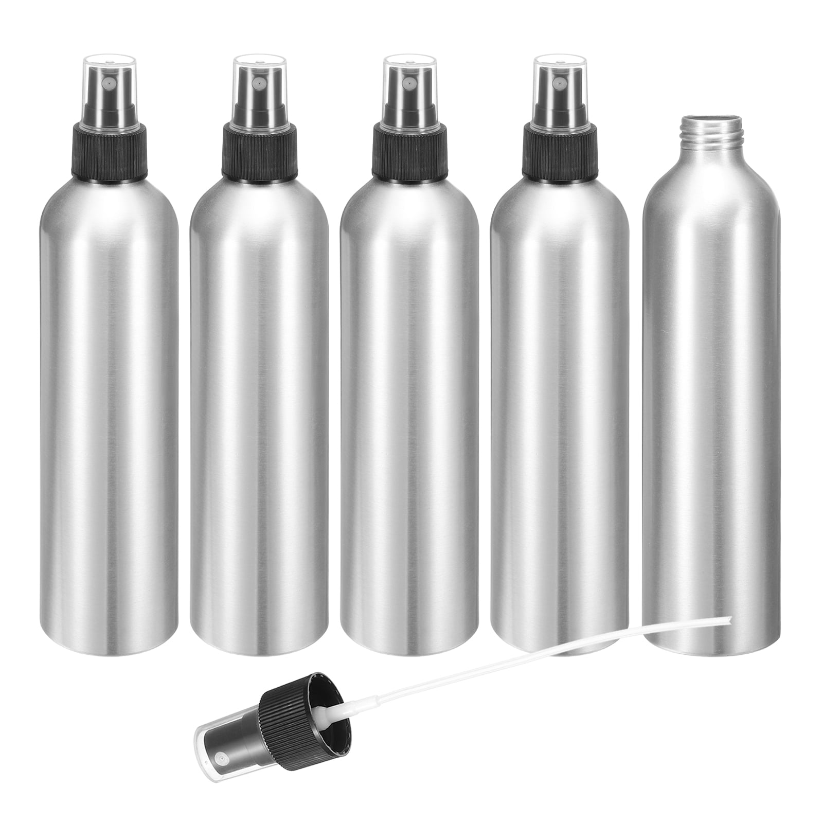 Uxcell 5pcs Aluminum Fine Mist Spray Bottles 300ml/10oz Metal Small Liquid Alcohol Refillable Travel Container with Black Plastic Nozzle Cap for Perfume Skincare Cosmetic Storage Bottle