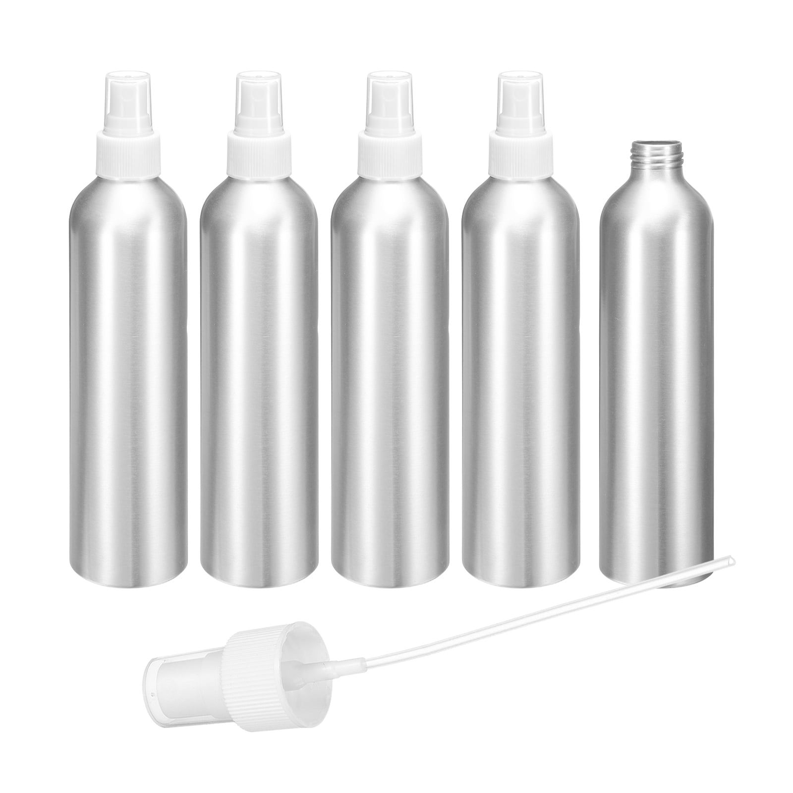 Uxcell 5pcs Aluminum Fine Mist Spray Bottles 300ml/10oz Metal Small Liquid Alcohol Refillable Travel Container with White Plastic Nozzle Cap for Perfume Skincare Cosmetic Storage Bottle