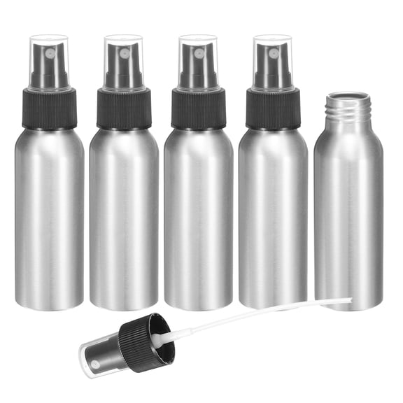 Uxcell 5pcs Aluminum Fine Mist Spray Bottles 80ml/2.7oz Metal Small Liquid Alcohol Refillable Travel Container with Black Plastic Nozzle Cap for Perfume Skincare Cosmetic Storage Bottle