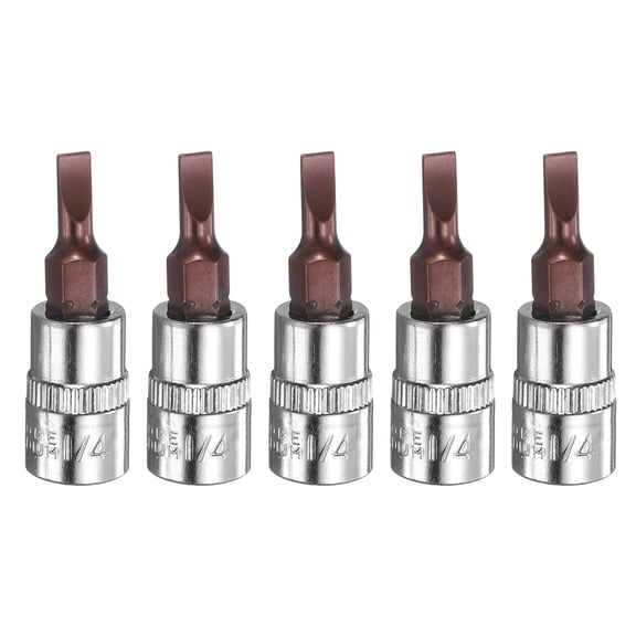 Uxcell 5pcs FD4 Slotted Bit Socket 1/4" Square Drive Flat Head Extension Impact Bit Power Nut Driver Set S2 & CR-V Steel Socket Ratchet Wrench Bits, Silver Red
