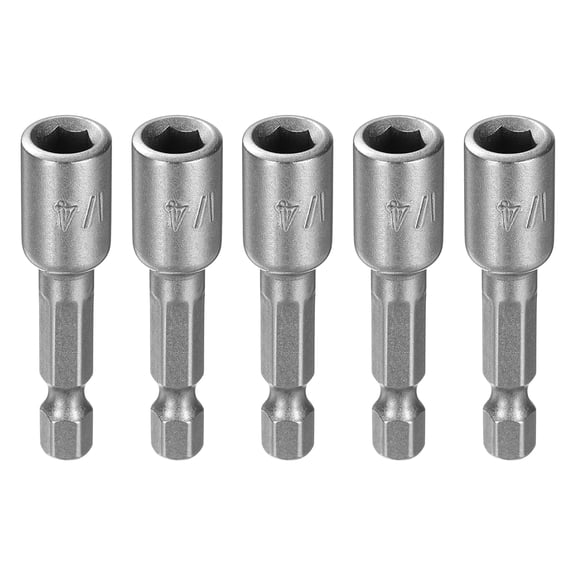 Uxcell 5pcs Hex Nut Driver Drill Bit 1/4" 6-Points Socket 1/4" Hex Shank Magnetic Nut Setter CR-V Steel Quick-Change Nut for Power Drills Impact Drivers, Silver Tone
