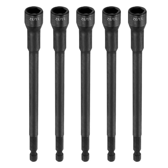 Uxcell 5pcs Hex Nut Driver Drill Bit 11/32" 6-Point Socket 1/4" Hex Shank Magnetic Setter CR-V Steel Bolt Sockets for Power Drills Impact Drivers, 5.91" (150mm) Long