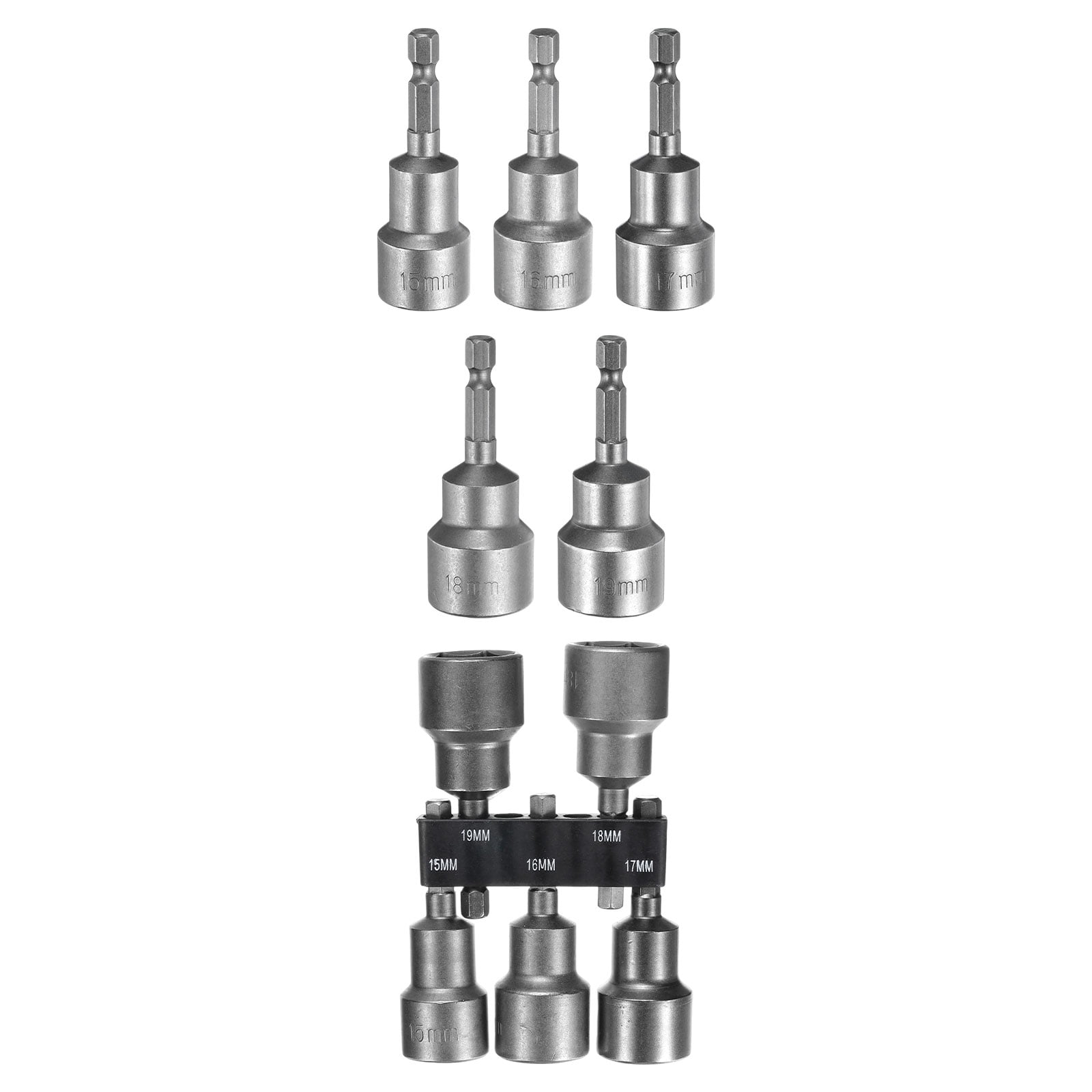 Uxcell 5pcs Hex Nut Driver Drill Bit 15/16/17/18/19mm 6-Point Drill Socket 1/4" Hex Shank 65mm Length Nut Setter Quick-Change Nut Impact Driver Bit Set with Bit Holder