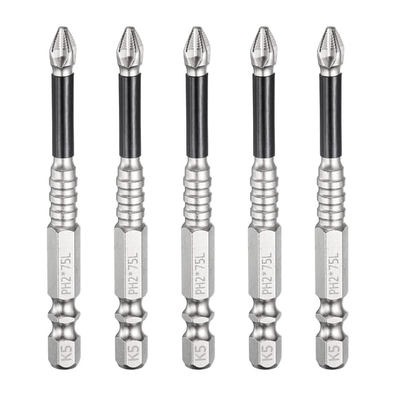 Uxcell 5pcs Impact Phillips Screwdriver Bit PH2 (#2) Anti Slip Tip 1/4" Hex Shank 3" (75mm) Long Magnetic Cross Screw Driver Industrial Power Drill Bits