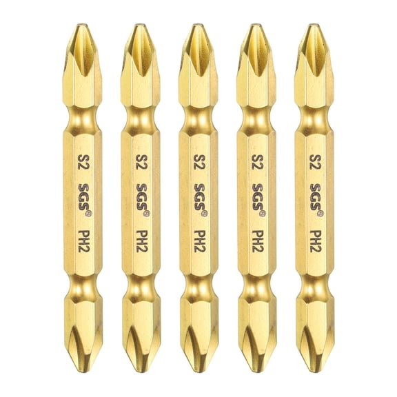 Uxcell 5pcs Magnetic Double Ended Screwdriver Bit 6.35mm PH2 2.56" Length 1/4" Hex Shank S2 Steel Two Sided Phillips Cross Screw Driver Bit, Gold Tone