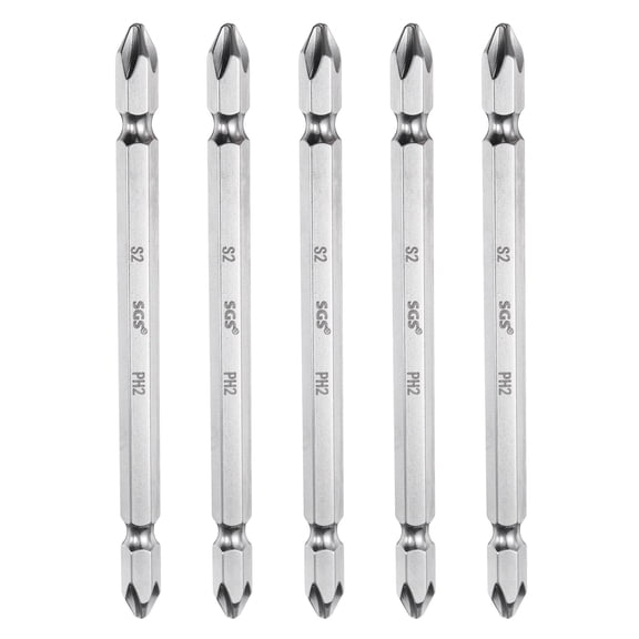 Uxcell 5pcs Magnetic Double Ended Screwdriver Bit 6.35mm PH2 4.33" Length 1/4" Hex Shank S2 Steel Two Sided Phillips Cross Screw Driver Bit, Bright Silver