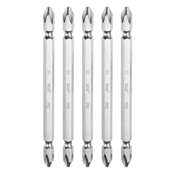 Uxcell 5pcs Magnetic Double Ended Screwdriver Bit 6.35mm PH2 4.33" Length 1/4" Hex Shank S2 Steel Two Sided Phillips Cross Screw Driver Bit, Yellow Silver