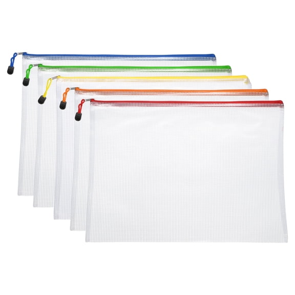 Uxcell 5Pcs Mesh Zipper Pouch Bags A4 13" x 9" Plastic Waterproof Mesh File Bag Clear Document Zipper Pouches, 5 Colors