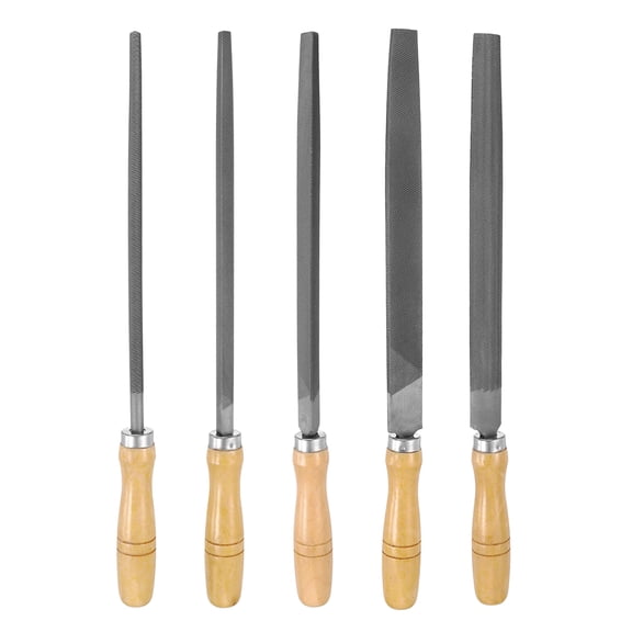 Uxcell 5pcs Metal File Set 10" Coarse Teeth High Carbon Steel Hand Files with Wooden Handle Square/Flat/Triangle/Half-round/Round for Metal Wood Stone Grinding Polishing Engraving