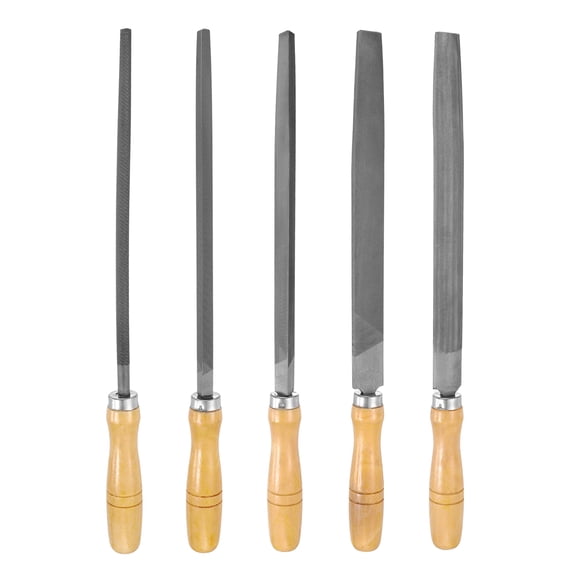 Uxcell 5pcs Metal File Set 10" Fine Teeth High Carbon Steel Hand Files with Wooden Handle Square/Flat/Triangle/Half-round/Round for Metal Wood Stone Grinding Polishing Engraving