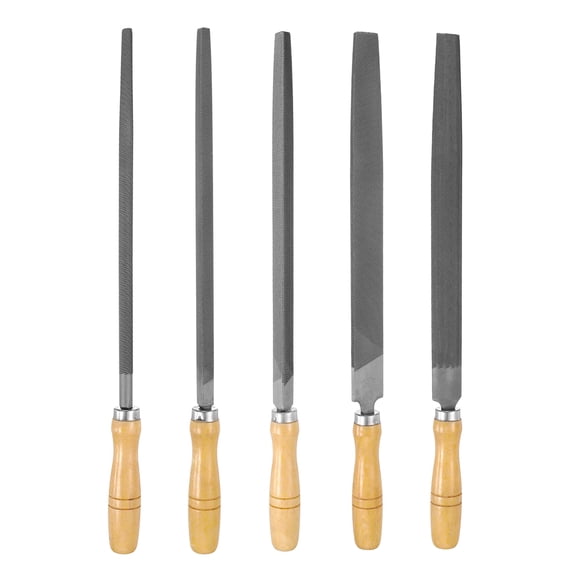 Uxcell 5pcs Metal File Set 12" Coarse Teeth High Carbon Steel Hand Files with Wooden Handle Square/Flat/Triangle/Half-round/Round for Metal Wood Stone Grinding Polishing Engraving