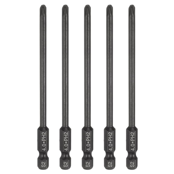 Uxcell 5pcs #2 Phillips Screwdriver Bit PH2 1/4" Hex Shank 4" (100mm) Long 0.16" Rod Magnetic Cross Head Drive Drill Bits S2 Steel Industrial Screw Driver Electric Power Tool, Black