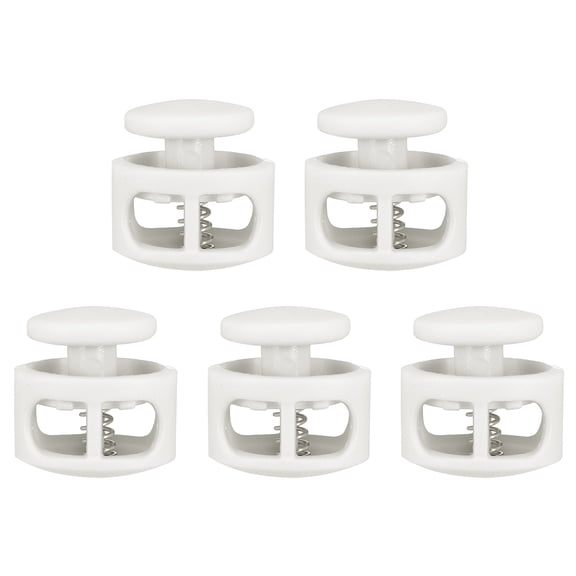 Uxcell 5pcs Plastic Cord Locks Double Hole Spring Toggle Stopper Clip Elastic Clasp Lock Fastener for Drawstring, Paracord, White
