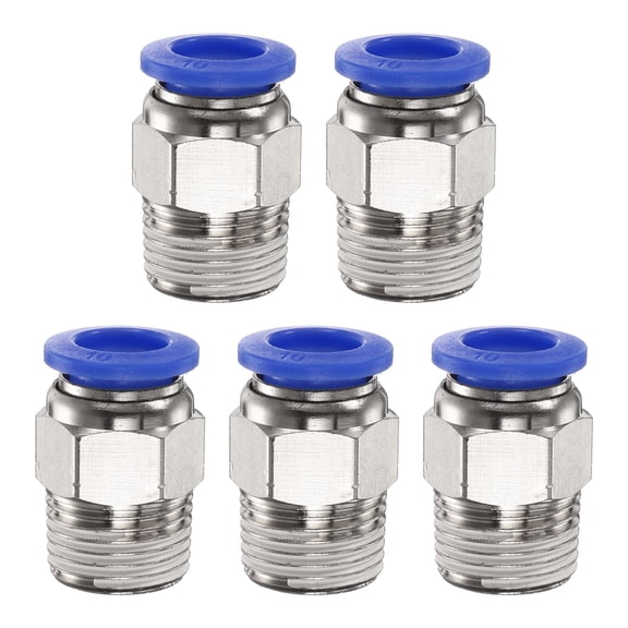 Uxcell 5pcs Push to Connect Fitting 10mm Tube OD x 3/8" NPT Thread Male Straight Quick Connector Copper Air Line Hose Fittings for Industry Air System PC10-N03, Blue