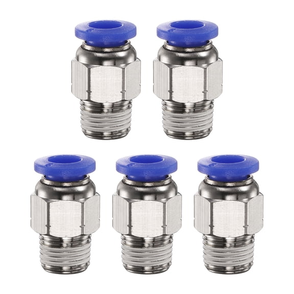 Uxcell 5pcs Push to Connect Fitting 6mm Tube OD x 1/8" NPT Thread Male Straight Quick Connector Copper Air Line Hose Fittings for Industry Air System PC6-N01, Blue