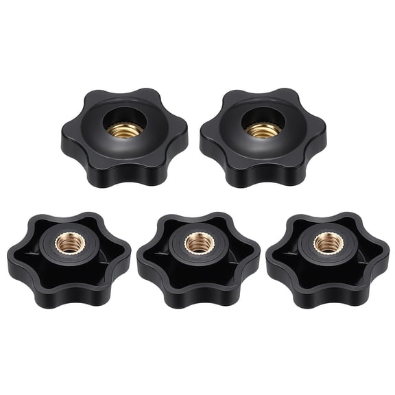 Uxcell 5pcs Star Knobs 1/4" Female Thread 32mm 6-Point Plastic Head Brass Insert Through Hole Screw-in Threaded Knob Hand Tightening Clamping Handles, Black