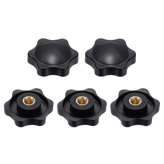 Uxcell 5pcs Star Knobs 1/4" Female Thread 32mm 6-Point Plastic Head Brass Insert Non-Through Hole Screw-in Threaded Knob Hand Tightening Clamping Handles, Black