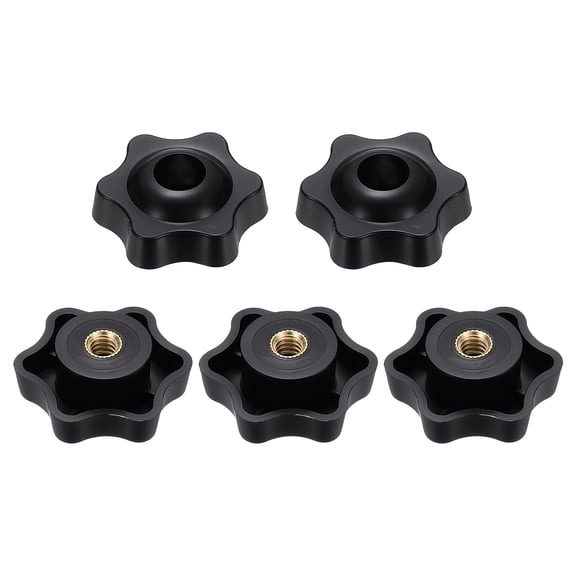 Uxcell 5pcs Star Knobs 1/4" Female Thread 38mm 6-Point Plastic Head Brass Insert Through Hole Screw-in Threaded Knob Hand Tightening Clamping Handles, Black
