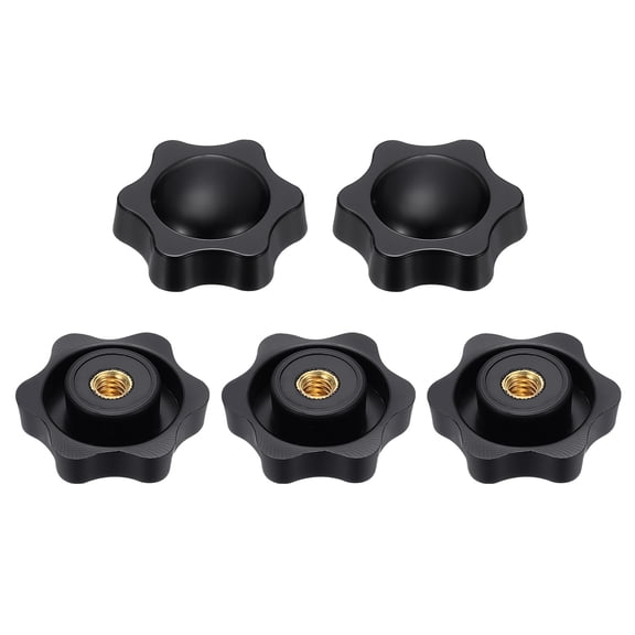 Uxcell 5pcs Star Knobs 1/4" Female Thread 38mm 6-Point Plastic Head Brass Insert Non-Through Hole Screw-in Threaded Knob Hand Tightening Clamping Handles, Black
