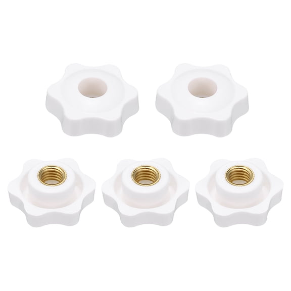 Uxcell 5pcs Star Knobs M10 Female Thread 38mm 6-Point Plastic Head Brass Insert Through Hole Screw-in Threaded Knob Hand Tightening Clamping Handles, White