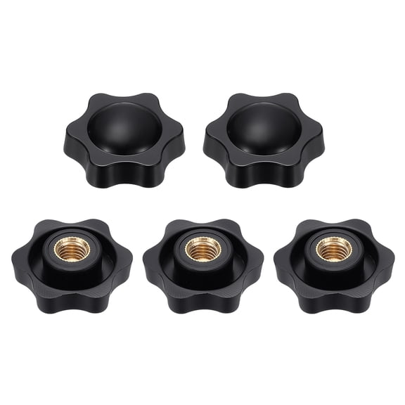 Uxcell 5pcs Star Knobs M10 Female Thread 38mm 6-Point Plastic Head Brass Insert Non-Through Hole Screw-in Threaded Knob Hand Tightening Clamping Handles, Black