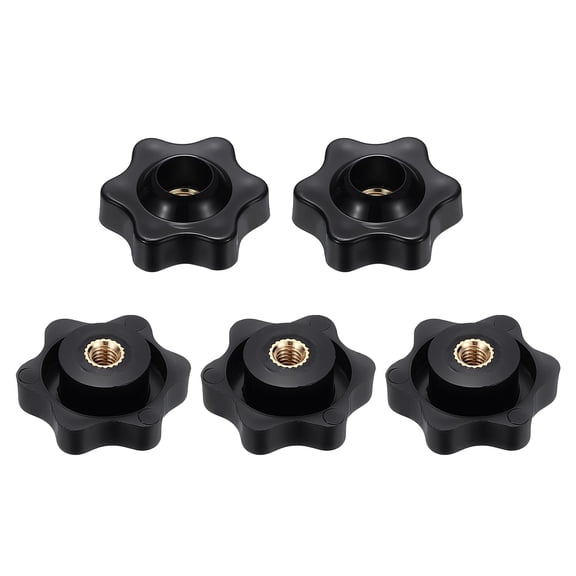 Uxcell 5pcs Star Knobs M4 Female Thread 25mm 6-Point Plastic Head Brass Insert Through Hole Screw-in Threaded Knob Hand Tightening Clamping Handles, Black