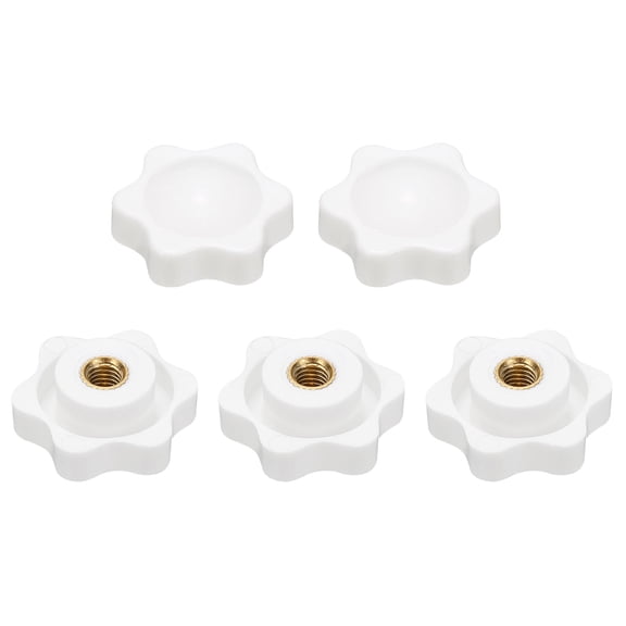 Uxcell 5pcs Star Knobs M5 Female Thread 25mm 6-Point Plastic Head Brass Insert Non-Through Hole Screw-in Threaded Knob Hand Tightening Clamping Handles, White