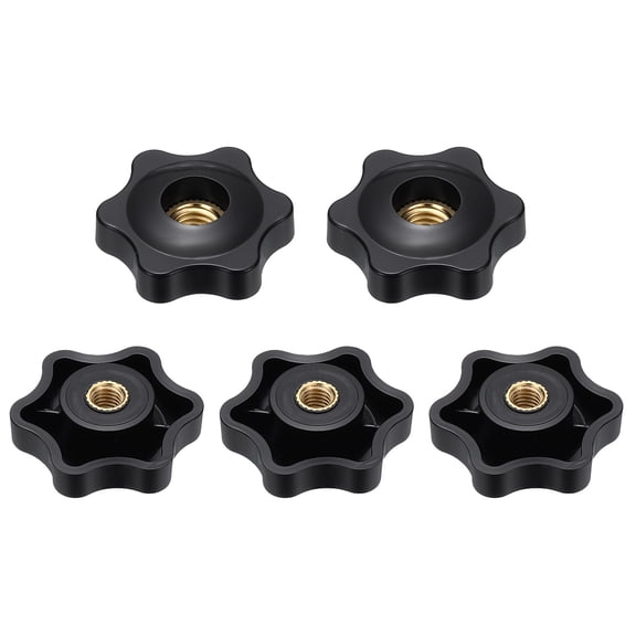 Uxcell 5pcs Star Knobs M5 Female Thread 32mm 6-Point Plastic Head Brass Insert Through Hole Screw-in Threaded Knob Hand Tightening Clamping Handles, Black