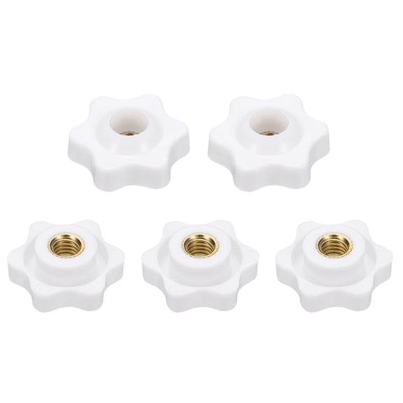 Uxcell 5pcs Star Knobs M6 Female Thread 25mm 6-Point Plastic Head Brass Insert Through Hole Screw-in Threaded Knob Hand Tightening Clamping Handles, White
