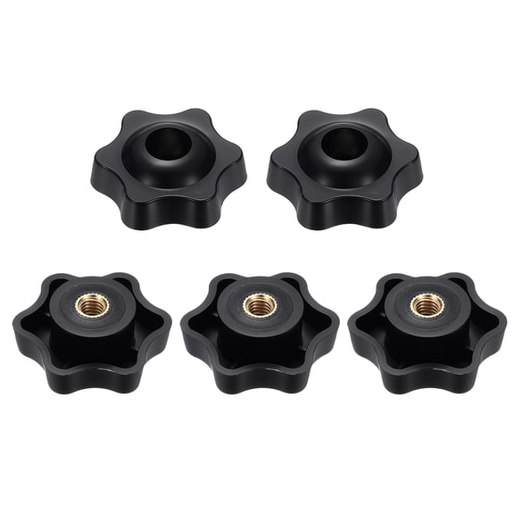 Uxcell 5pcs Star Knobs M6 Female Thread 38mm 6-Point Plastic Head Brass Insert Through Hole Screw-in Threaded Knob Hand Tightening Clamping Handles, Black