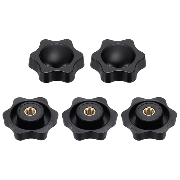 Uxcell 5pcs Star Knobs M6 Female Thread 38mm 6-Point Plastic Head Brass Insert Non-Through Hole Screw-in Threaded Knob Hand Tightening Clamping Handles, Black