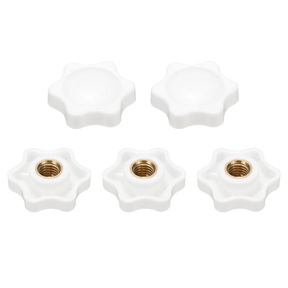 Uxcell 5pcs Star Knobs M8 Female Thread 32mm 6-Point Plastic Head Brass Insert Non-Through Hole Screw-in Threaded Knob Hand Tightening Clamping Handles, White