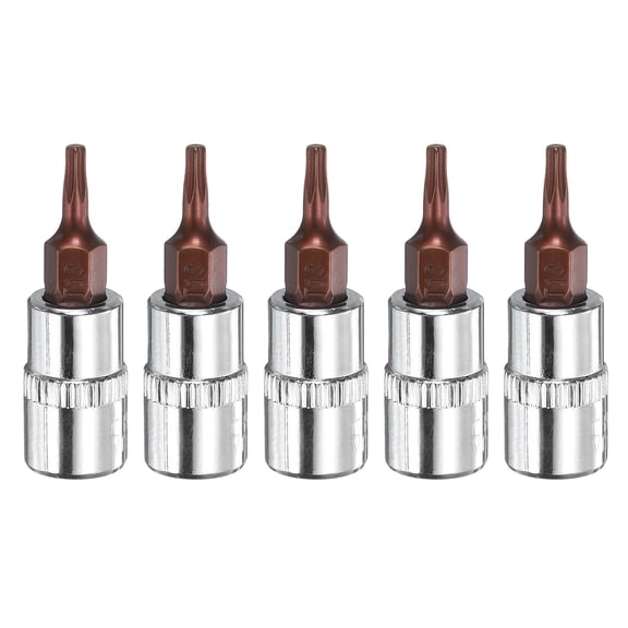 Uxcell 5pcs T10 Torx Bit Socket 1/4" Square Drive Star 6 Point Extension Impact Bit Power Nut Driver Set S2 & CR-V Steel Socket Ratchet Wrench Bits, Silver Red