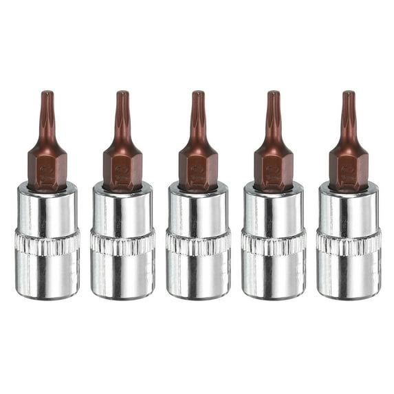 Uxcell 5pcs T10 Torx Bit Socket 1/4" Square Drive Star 6 Point Extension Impact Bit Power Nut Driver Set S2 & CR-V Steel Socket Ratchet Wrench Bits, Silver Red