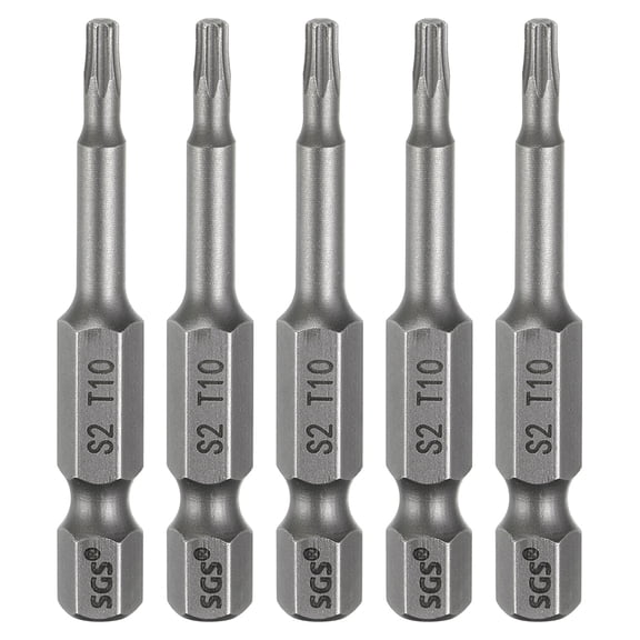 Uxcell 5pcs T10 Torx Head Screwdriver Bit 1/4" Hex Shank 2" (50mm) Long Magnetic No Hole Tip 6 Point Star Screw Driver