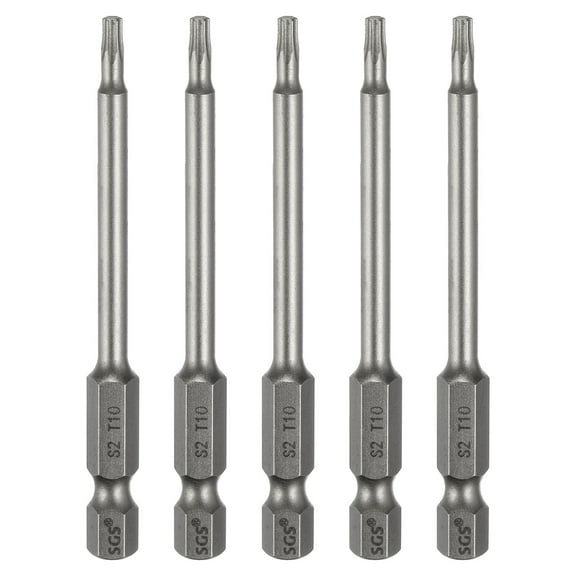 Uxcell 5pcs T10 Torx Head Screwdriver Bit 1/4" Hex Shank 3" (75mm) Long Magnetic No Hole Tip 6 Point Star Screw Driver