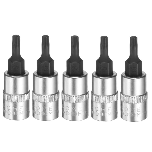 Uxcell 5pcs T15 Torx Bit Socket 1/4" Square Drive Star 6 Point Extension Impact Bit Power Nut Driver Set S2 & CR-V Steel Socket Ratchet Wrench Bits, Silver Black