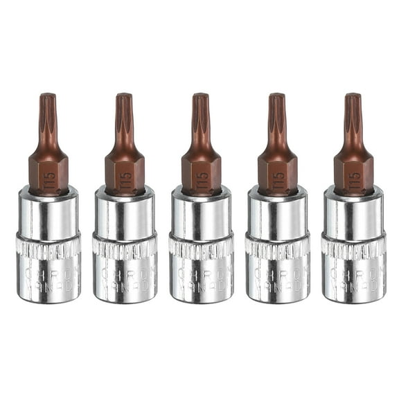 Uxcell 5pcs T15 Torx Bit Socket 1/4" Square Drive Star 6 Point Extension Impact Bit Power Nut Driver Set S2 & CR-V Steel Socket Ratchet Wrench Bits, Silver Red
