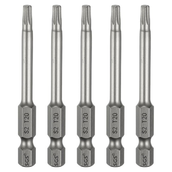 Uxcell 5pcs T20 Torx Head Screwdriver Bit 1/4" Hex Shank 2.6" (65mm) Long Magnetic No Hole Tip 6 Point Star Screw Driver