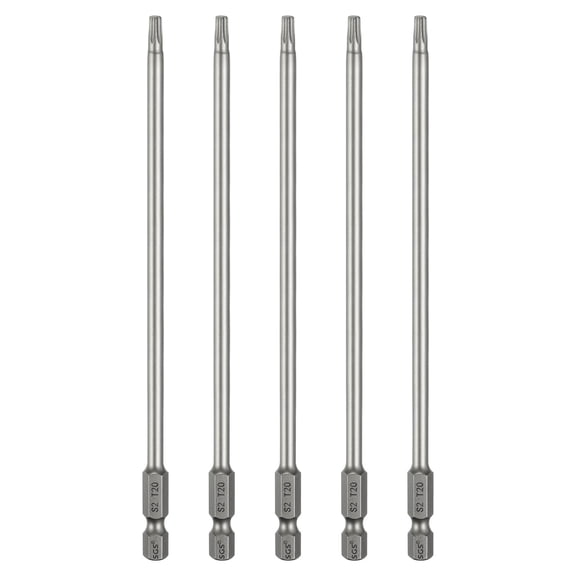 Uxcell 5pcs T20 Torx Head Screwdriver Bit 1/4" Hex Shank 6" (150mm) Long Magnetic No Hole Tip 6 Point Star Screw Driver