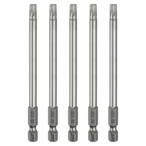 Uxcell 5pcs T27 Torx Head Screwdriver Bit 1/4" Hex Shank 4" (100mm) Long Magnetic No Hole Tip 6 Point Star Screw Driver