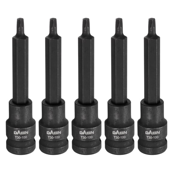 Uxcell 5pcs T30 Torx Bit Socket 100mm/3.94" Length 1/2" Square Drive Star 6 Point Extension Impact Bit Power Nut Driver Set S2 Steel Socket Ratchet Wrench Bits, Black