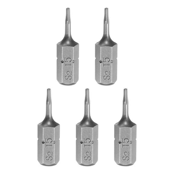Uxcell 5pcs T5 Torx Screwdriver Bit 1/4" Hex Shank 25mm/1" Length S2 Steel Star 6 Point Head Hex Security Screw Driver Bits with Hole for Impact Electric Screw Driver Power Tools, Grey