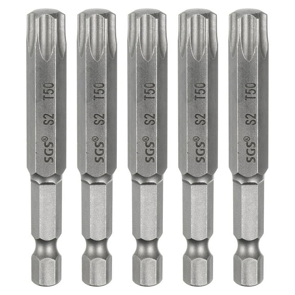 Uxcell 5pcs T50 Torx Head Screwdriver Bit 1/4" Hex Shank 2.6" (65mm) Long Magnetic No Hole Tip 6 Point Star Screw Driver